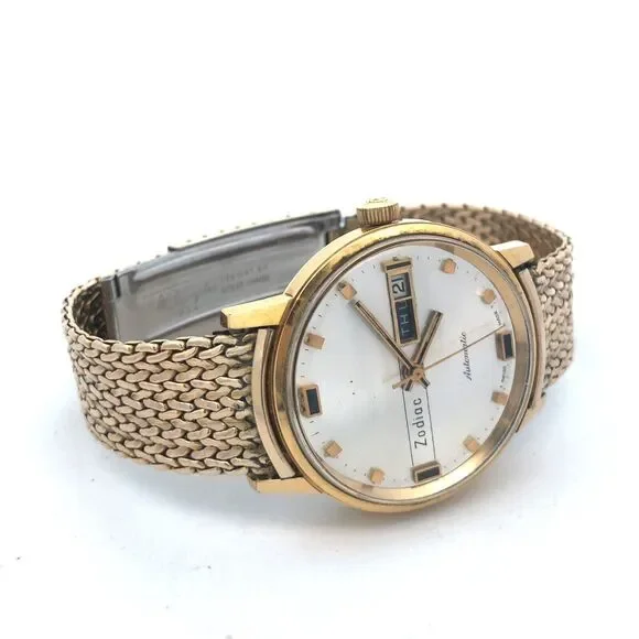 Zodiac 10KT Yellow Gold Filled Day Date Round Analog Mens Wrist Watch